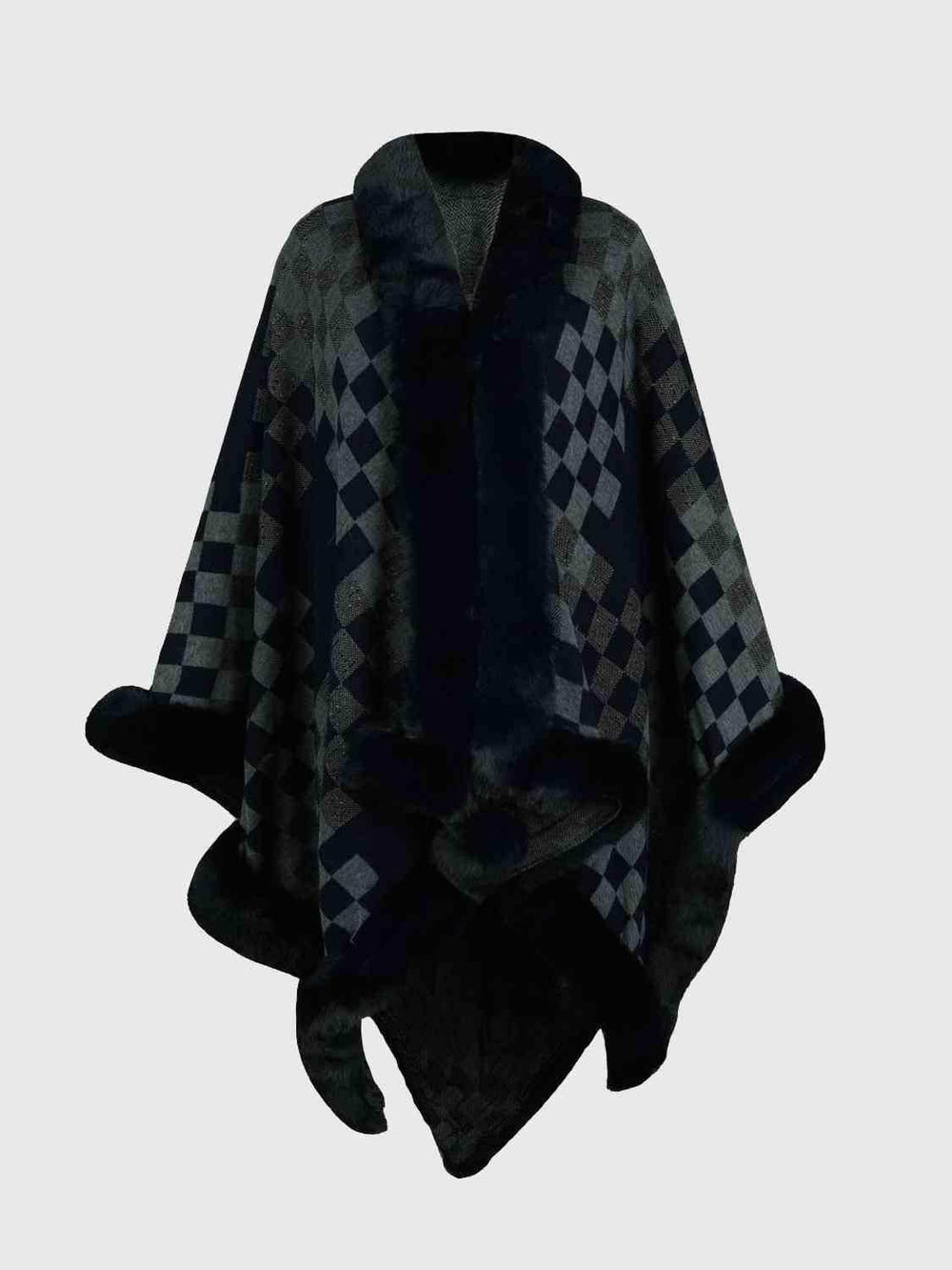 Checkered Faux Fur Trim Poncho - Trendsi - Flyclothing LLC