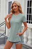 Eyelet Slit Round Neck Short Sleeve T-Shirt - Trendsi - Flyclothing LLC