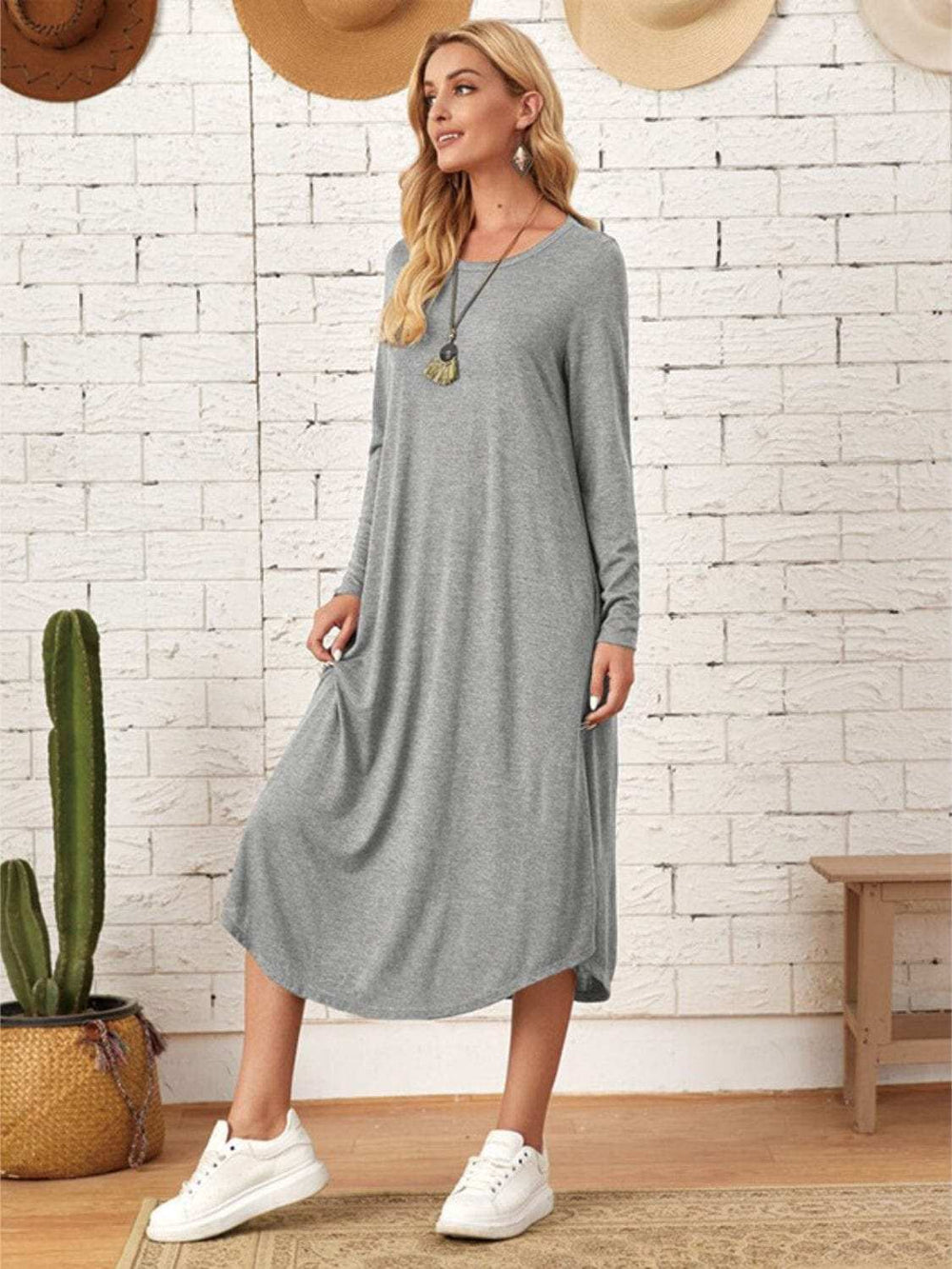 Pocketed Round Neck Long Sleeve Tee Dress - Trendsi - Flyclothing LLC