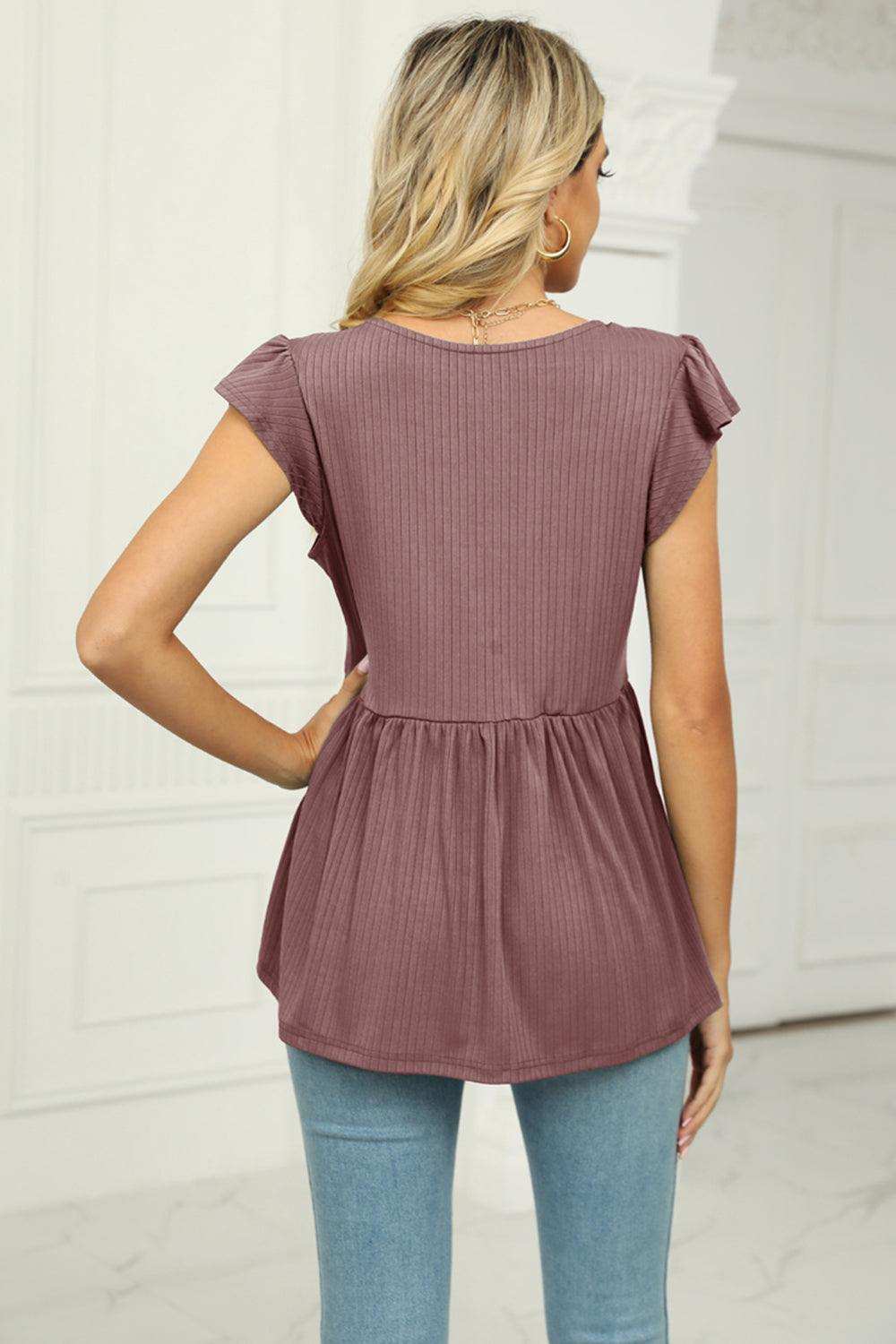 V-Neck Flutter Sleeve Babydoll Blouse - Trendsi - Flyclothing LLC