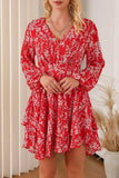 Printed Surplice Balloon Sleeve Layered Dress - Trendsi - Flyclothing LLC