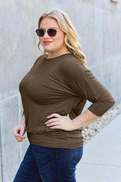 Basic Bae Full Size Round Neck Batwing Sleeve Blouse - Trendsi - Flyclothing LLC