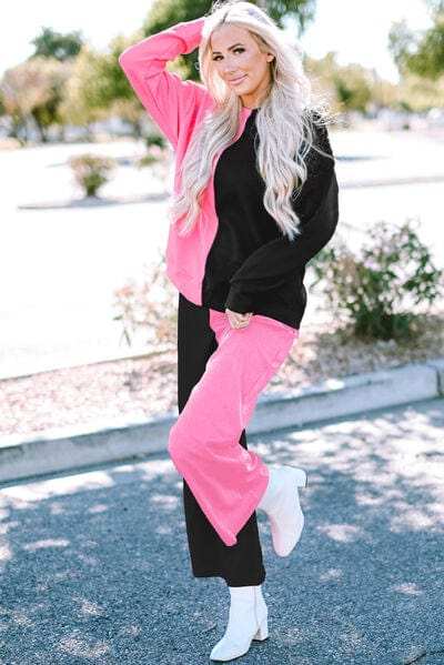 Color Block Round Neck Sweatshirt and Pants Set - Trendsi - Flyclothing LLC