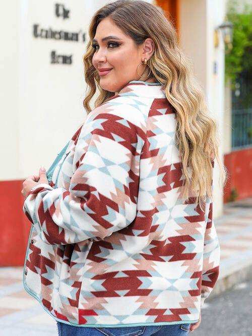 Plus Size Geometric Snap Down Long Sleeve Jacket - Trendsi - Flyclothing LLC