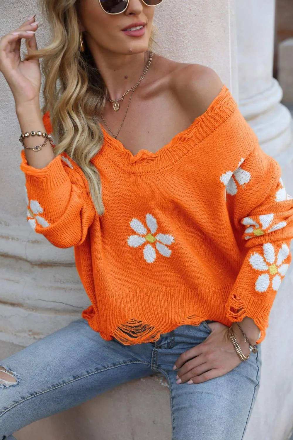 Flower Distressed Ribbed Trim Sweater - Trendsi - Flyclothing LLC