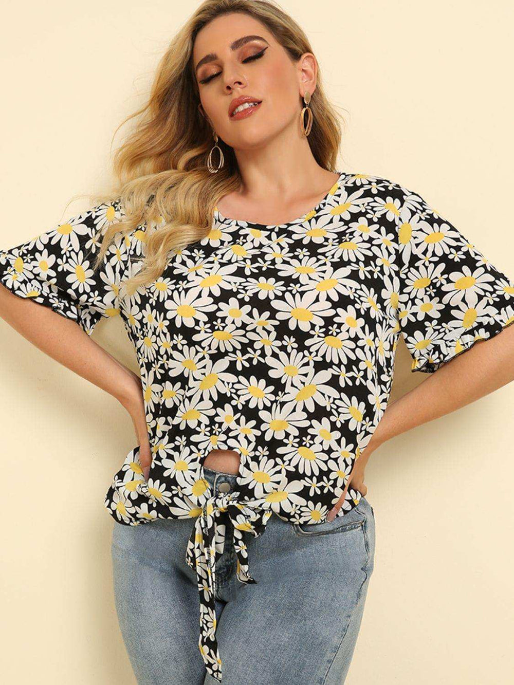 Plus Size Floral Round Neck Tie Hem Blouse - Trendsi - Flyclothing LLC
