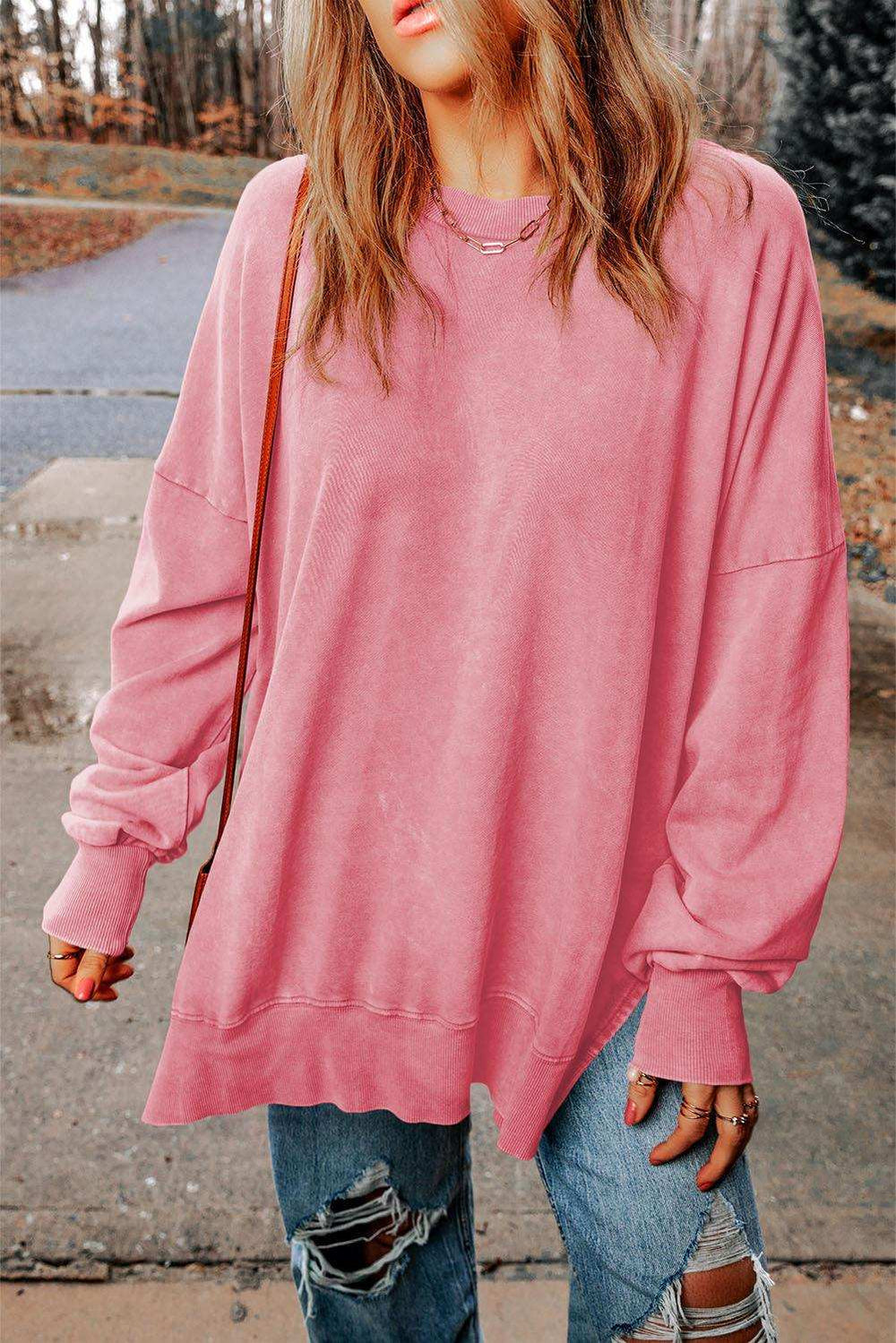 Dropped Shoulder Round Neck Long Sleeve Blouse - Trendsi - Flyclothing LLC