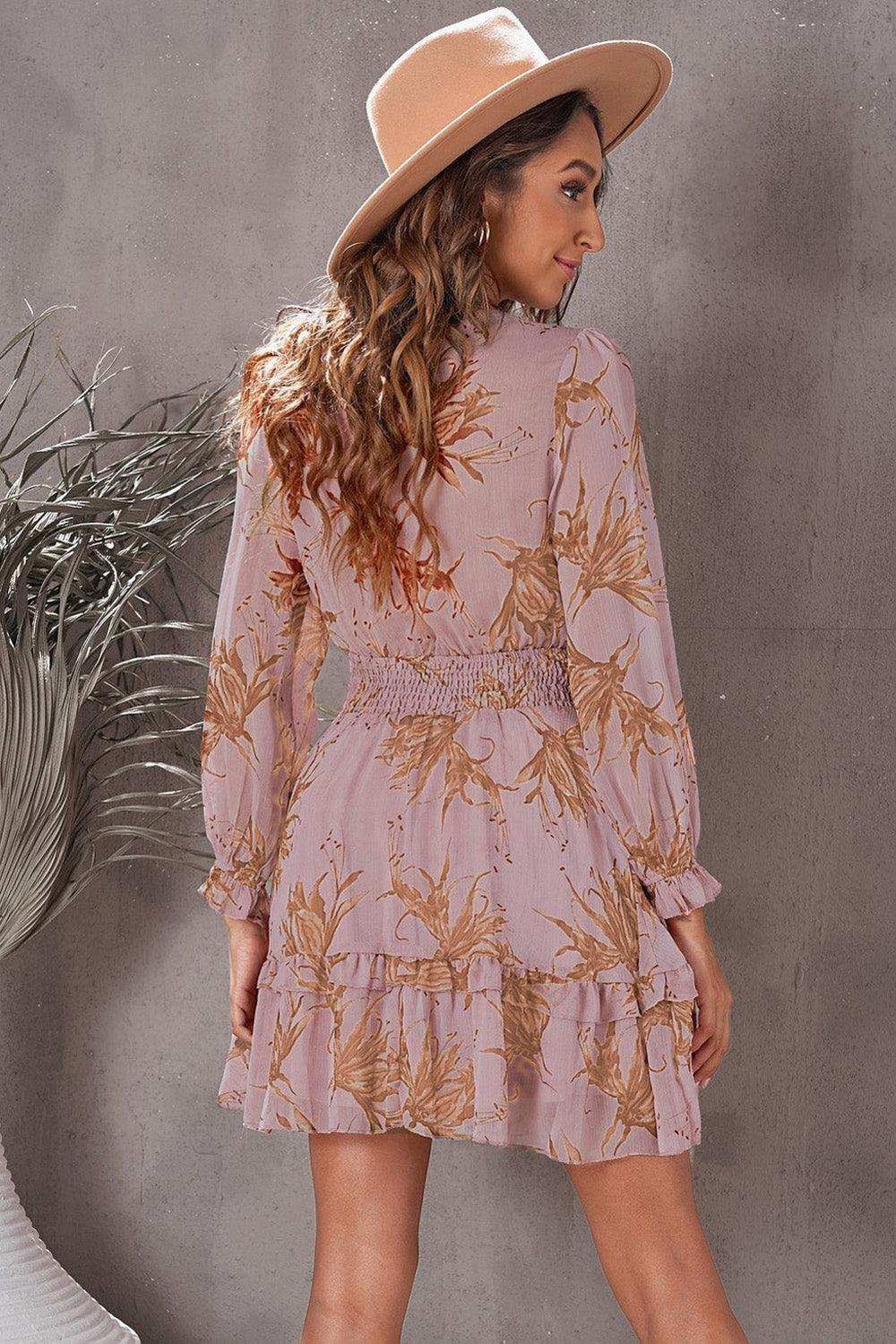 Floral Deep V Flounce Sleeve Mini Dress - Trendsi - Flyclothing LLC