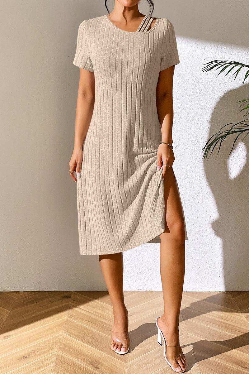Ribbed Asymmetrical Neck Short Sleeve Dress - Trendsi - Flyclothing LLC