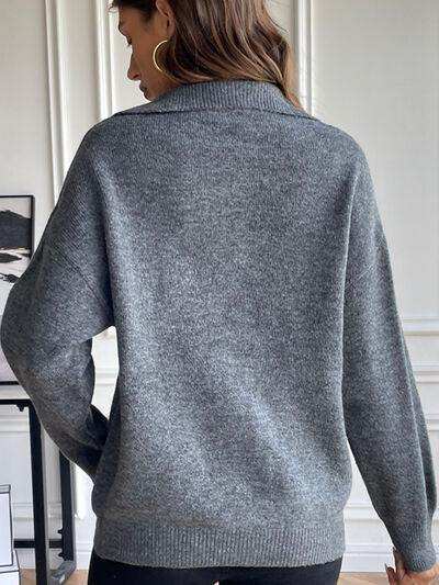 Half Zip Dropped Shoulder Sweater - Trendsi - Flyclothing LLC