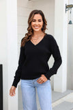 Ribbed V-Neck Dropped Shoulder Knit Top - Trendsi - Flyclothing LLC