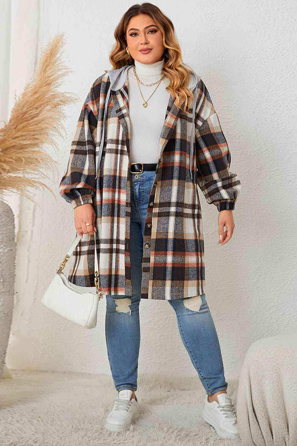 Plus Size Plaid Drop Shoulder Hooded Coat - Trendsi - Flyclothing LLC