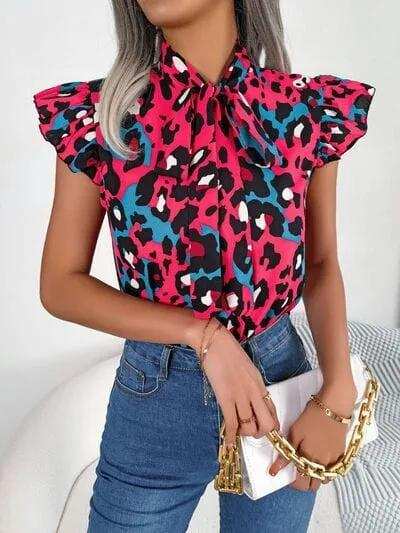 Leopard Tie Neck Cap Sleeve Blouse - Trendsi - Flyclothing LLC