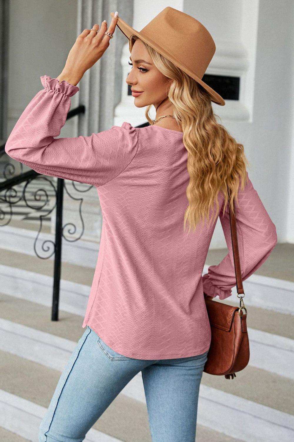 Round Neck Flounce Sleeve Blouse - Trendsi - Flyclothing LLC