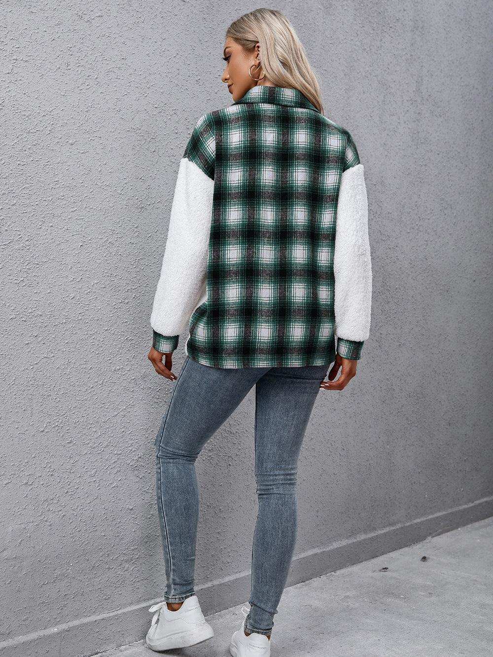 Plaid Collared Neck Button Down Jacket - Trendsi - Flyclothing LLC