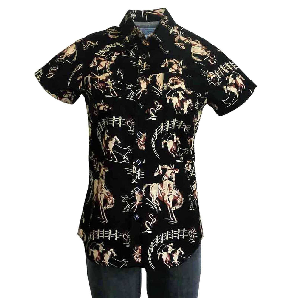Women’s Vintage Bronc Print Short Sleeve Black Western Shirt - Rockmount Clothing - Flyclothing LLC