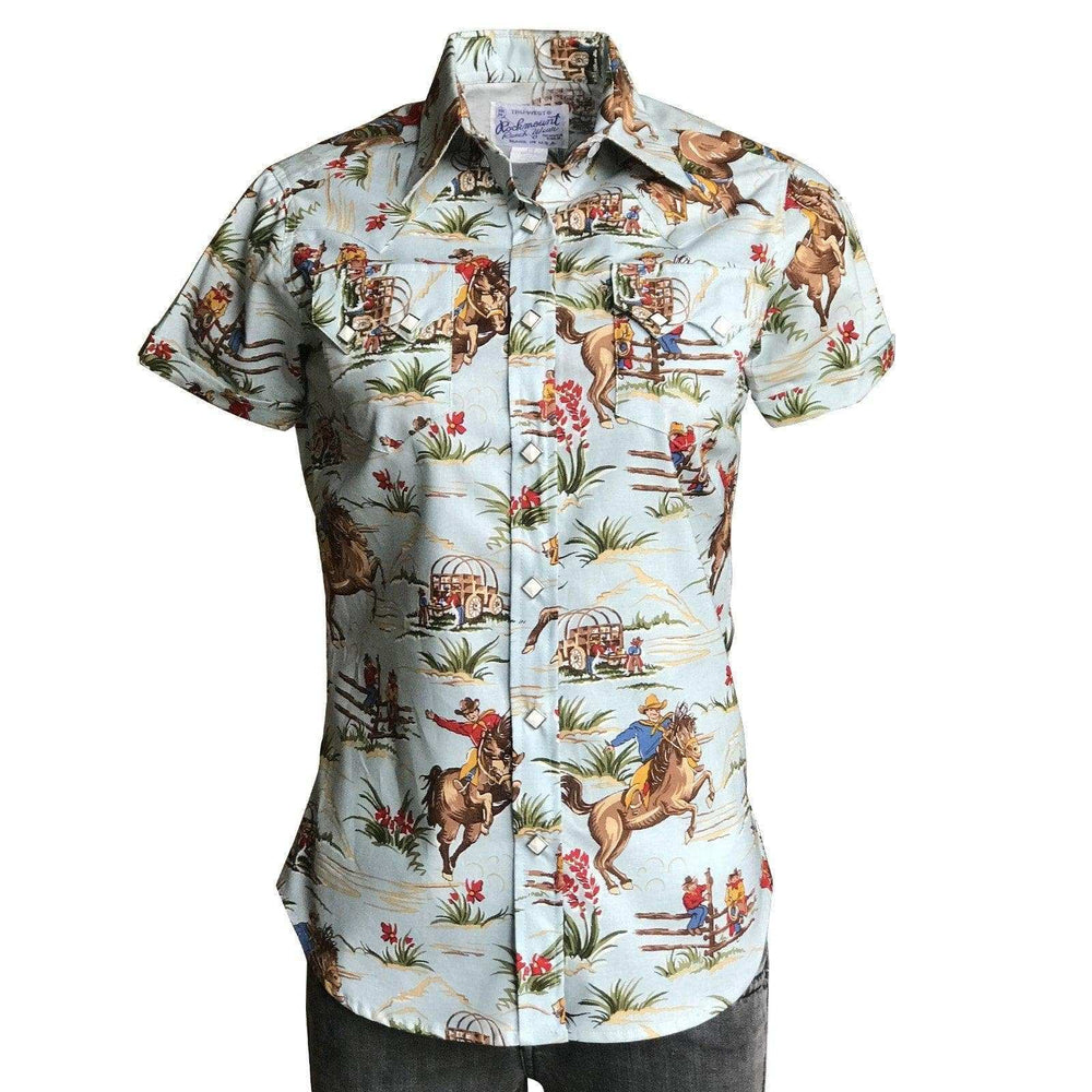 Women’s Vintage Western Print Light Blue Short Sleeve Shirt - Rockmount Clothing - Flyclothing LLC