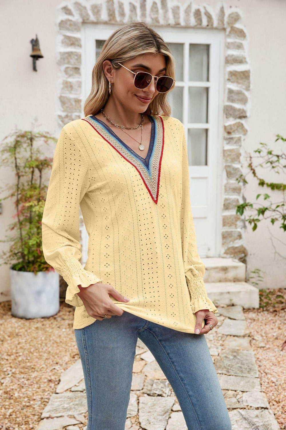 Eyelet Flounce Sleeve V-Neck Blouse - Trendsi - Flyclothing LLC