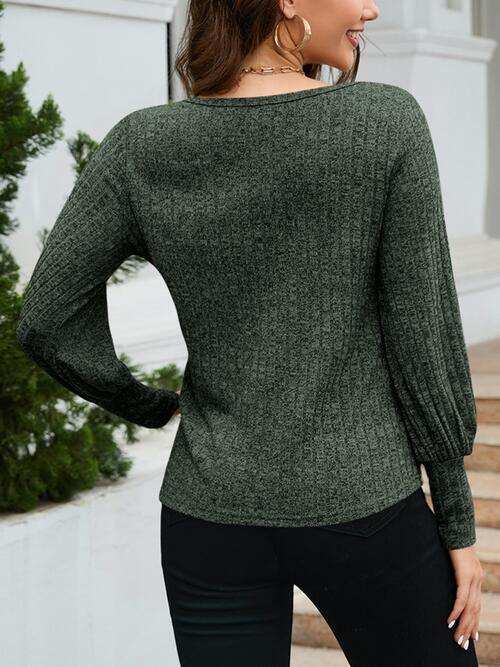 Ribbed Round Neck Lantern Sleeve Knit Top - Trendsi - Flyclothing LLC