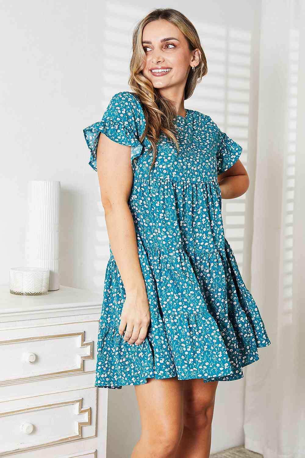 Double Take Short Flounce Sleeve Tiered Dress - Trendsi - Flyclothing LLC