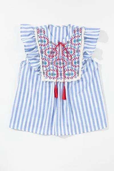 Embroidered Tassel Striped Tie Neck Blouse - Trendsi - Flyclothing LLC