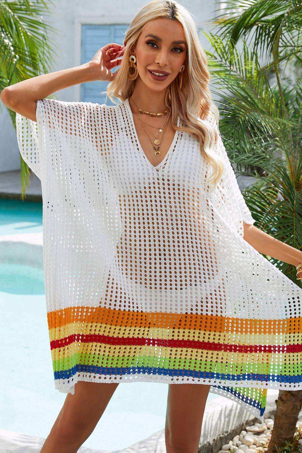 Rainbow Stripe Openwork Slit Cover-Up - Trendsi - Flyclothing LLC