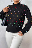 Pom-Pom Trim Mock Neck Long Sleeve Pullover Sweater - Trendsi - Flyclothing LLC