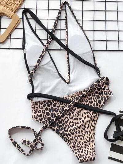 Tied Leopard Plunge One-Piece Swimwear - Trendsi - Flyclothing LLC