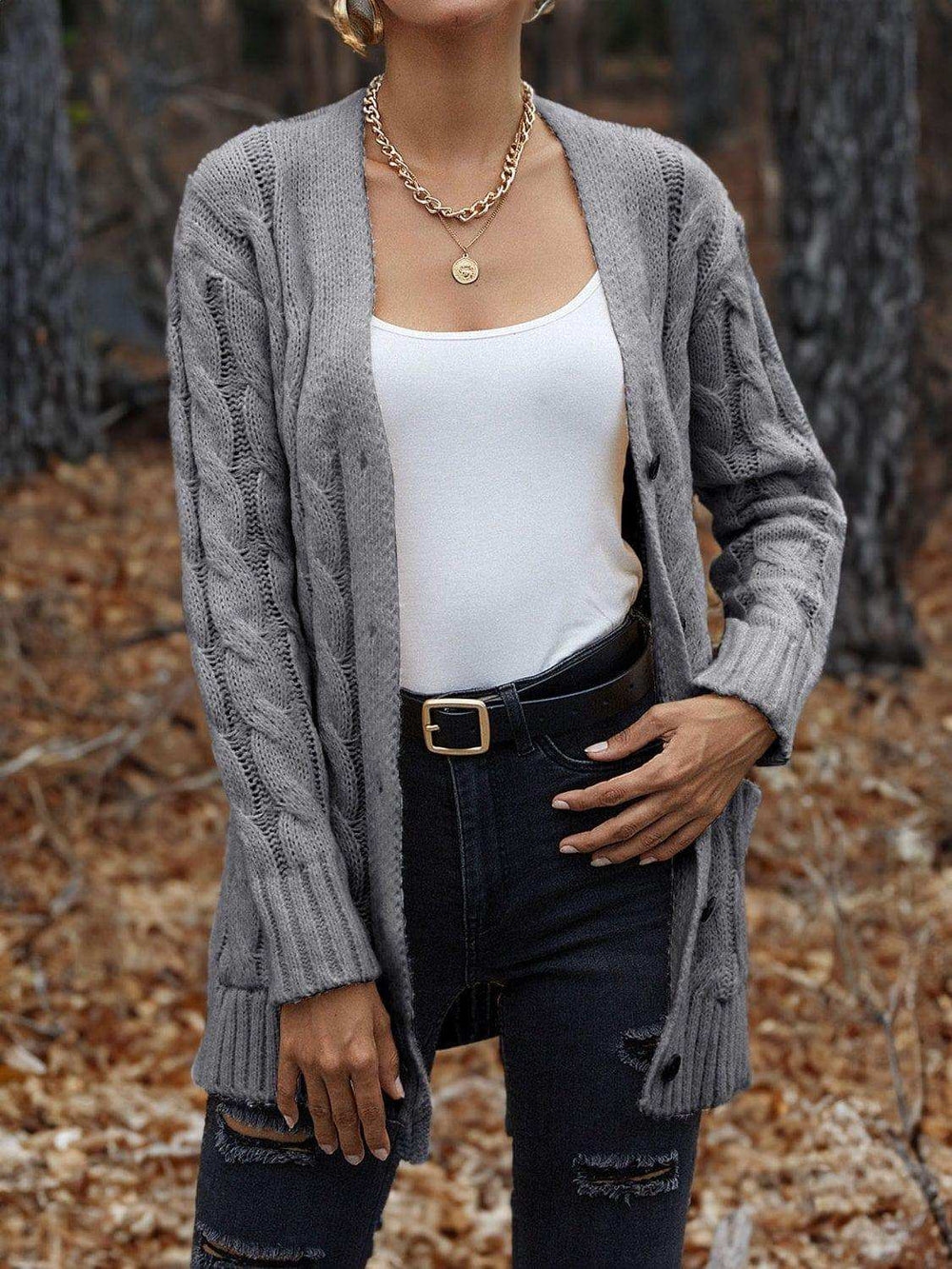 Cable-Knit Button Down Cardigan - Trendsi - Flyclothing LLC