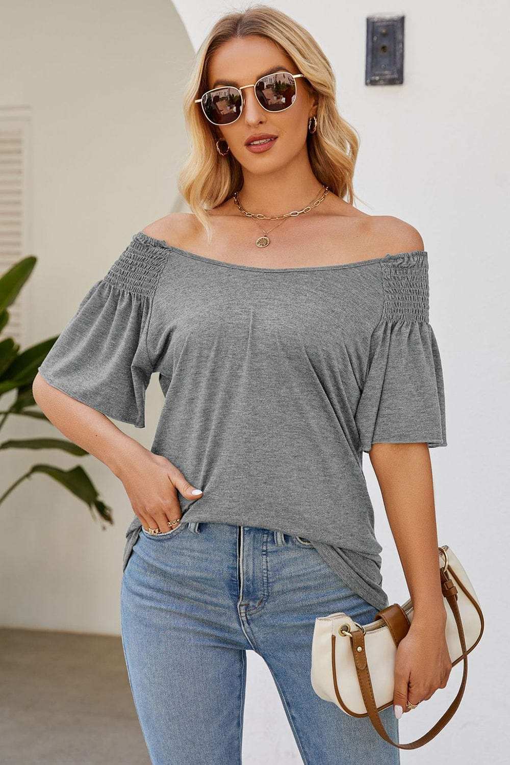 Smocked Round Neck Flutter Sleeve T-Shirt - Trendsi - Flyclothing LLC