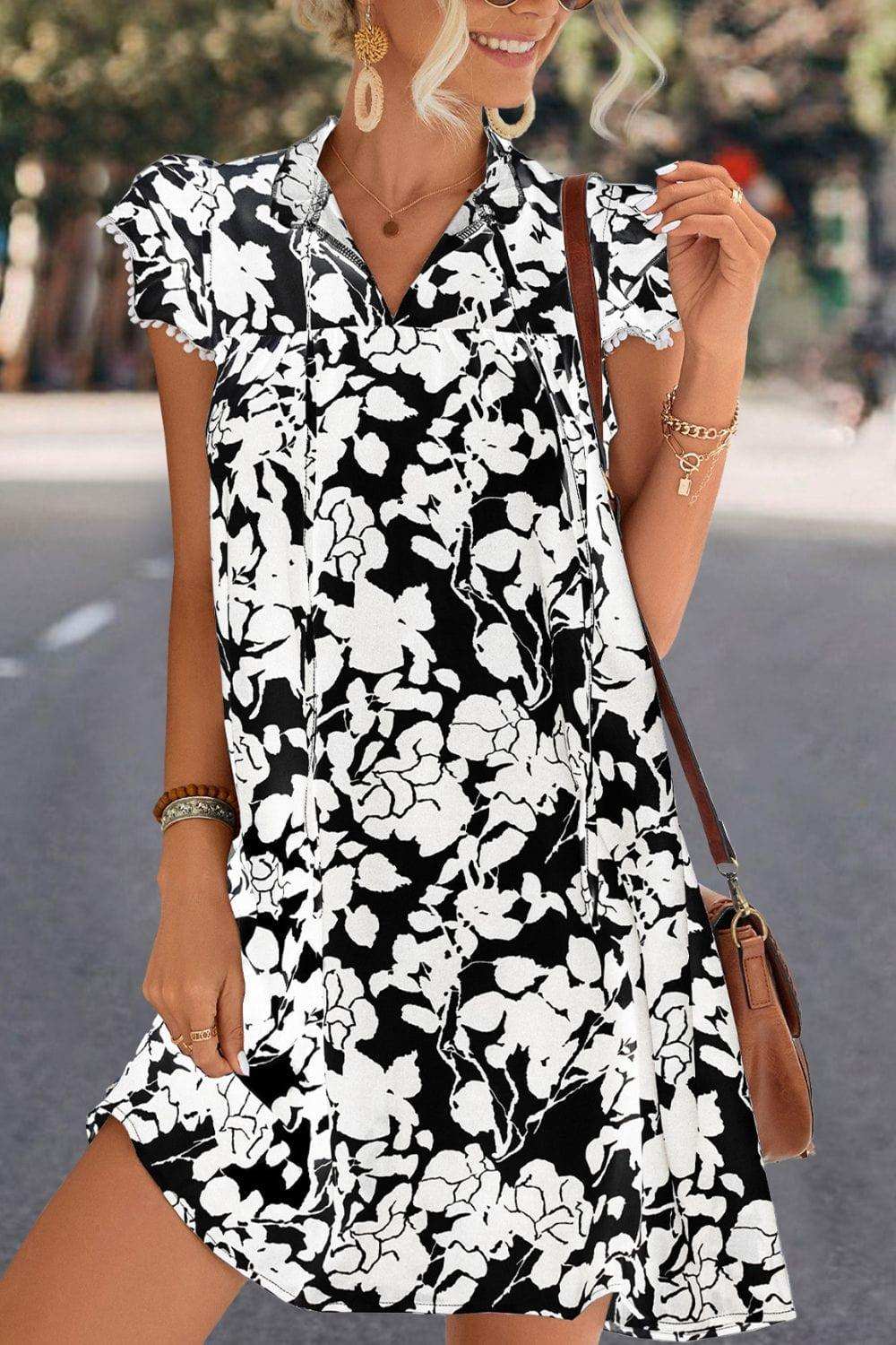 Floral Tie Neck Butterfly Sleeve Dress - Trendsi - Flyclothing LLC
