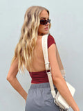 Backless Short Sleeve Cropped Blouse - Trendsi - Flyclothing LLC