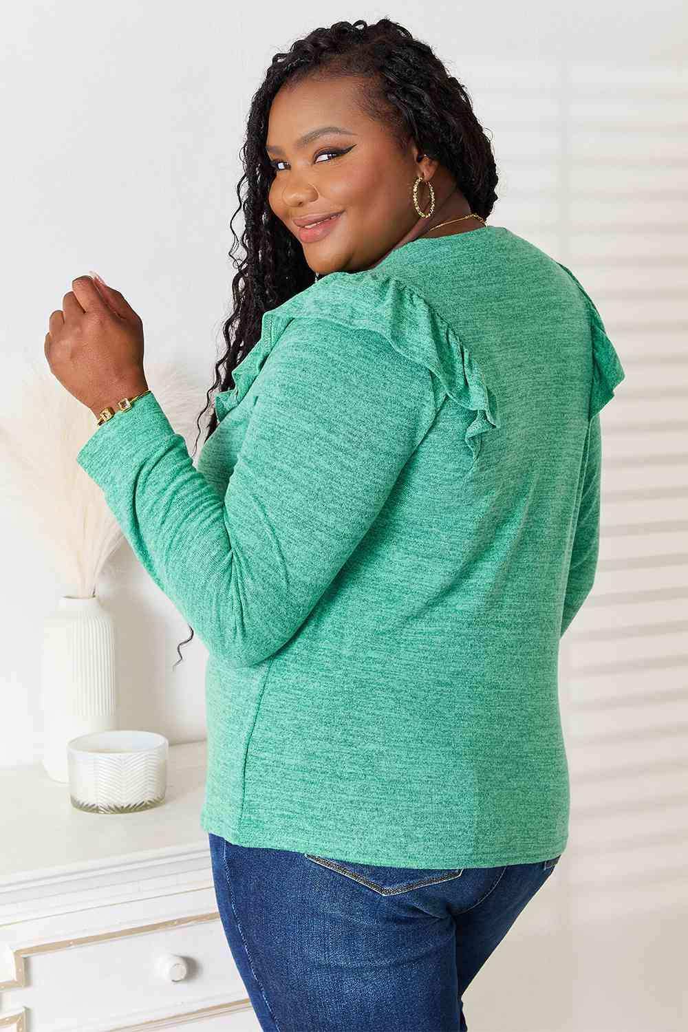 Double Take Ruffle Shoulder Long Sleeve T-Shirt - Trendsi - Flyclothing LLC