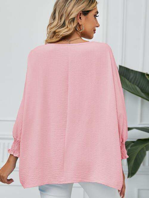 Smocked Lantern Sleeve Round Neck Blouse - Trendsi - Flyclothing LLC