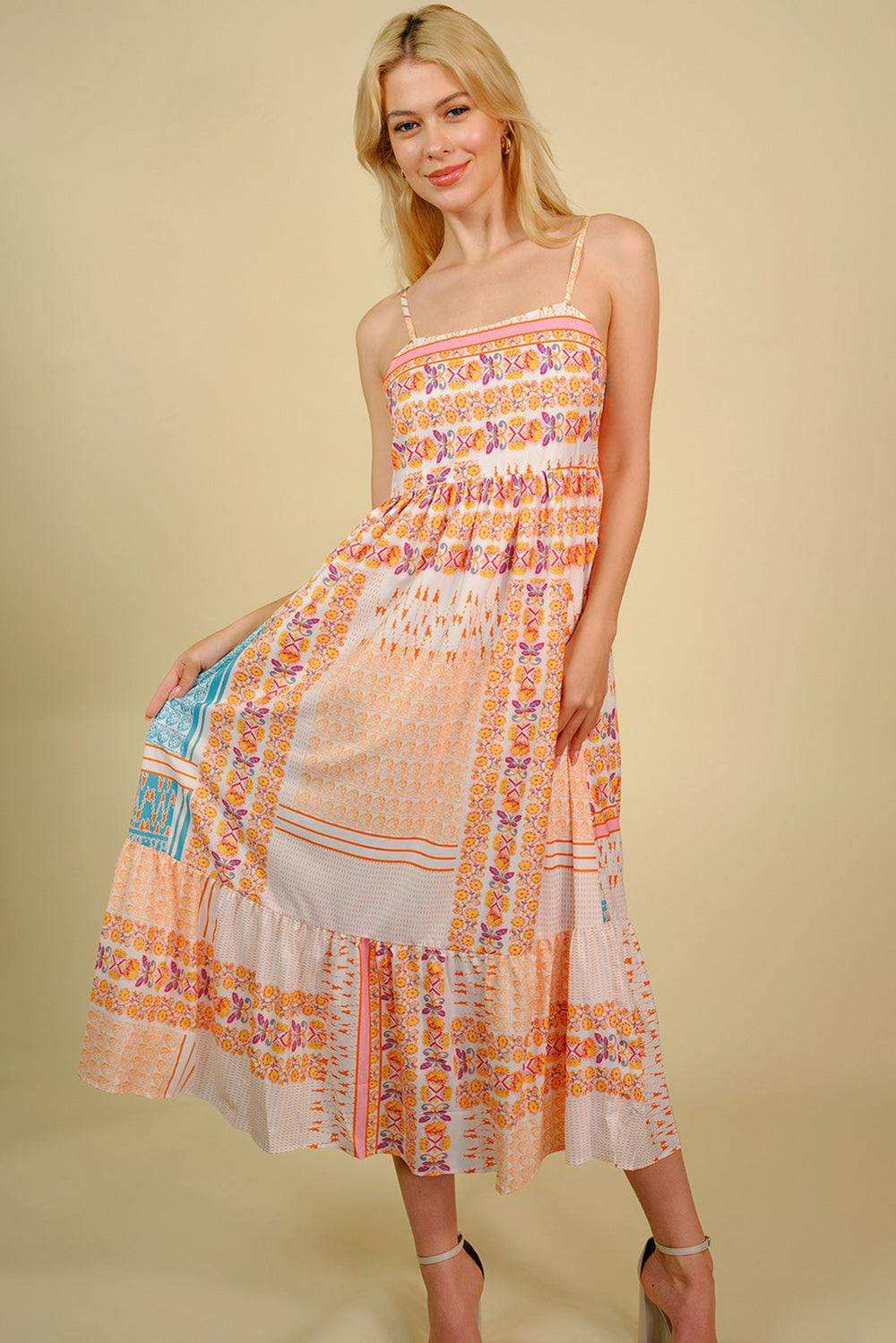 Printed Spaghetti Strap Smocked Midi Dress - Trendsi - Flyclothing LLC