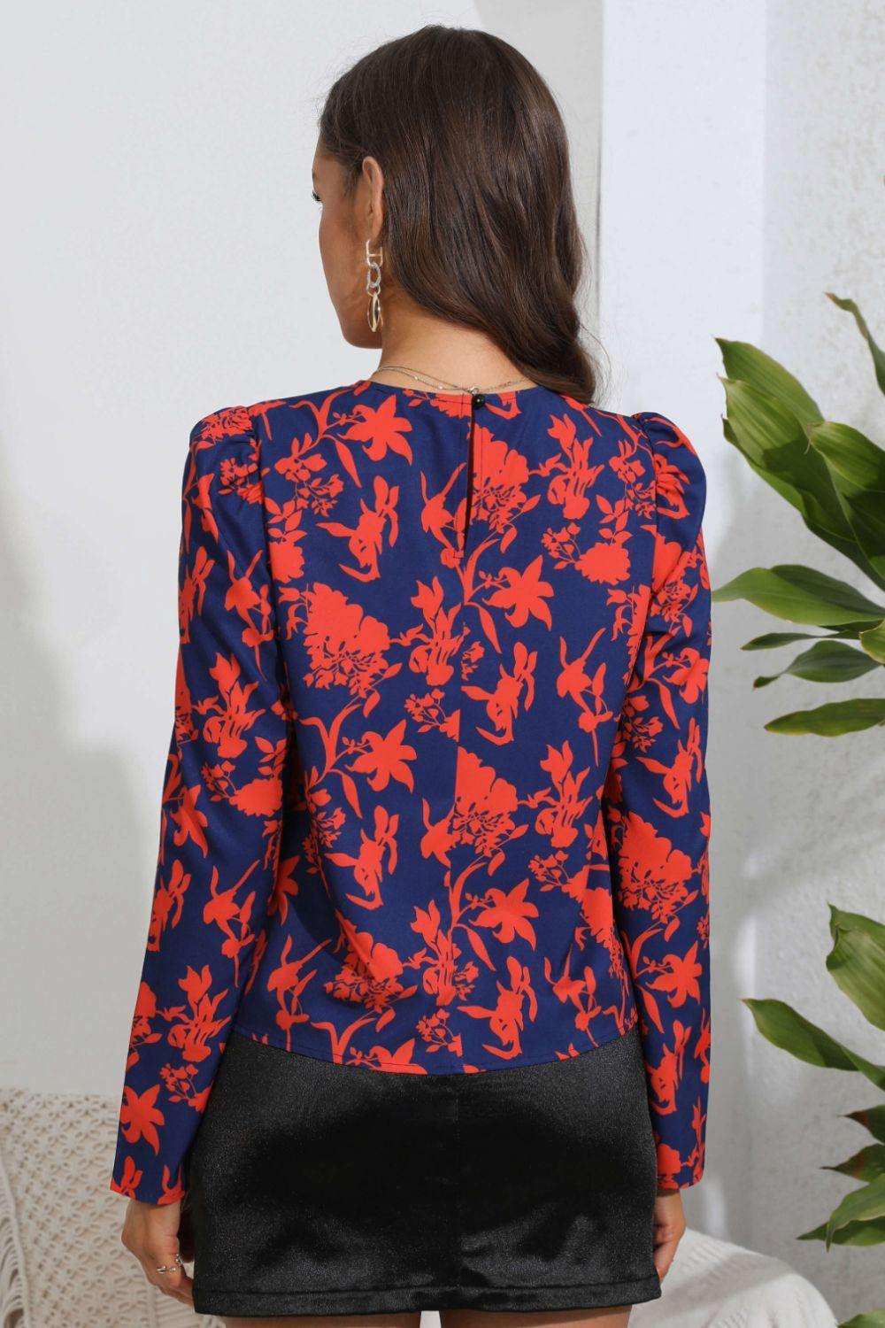 Floral Long Puff Sleeve Blouse - Trendsi - Flyclothing LLC