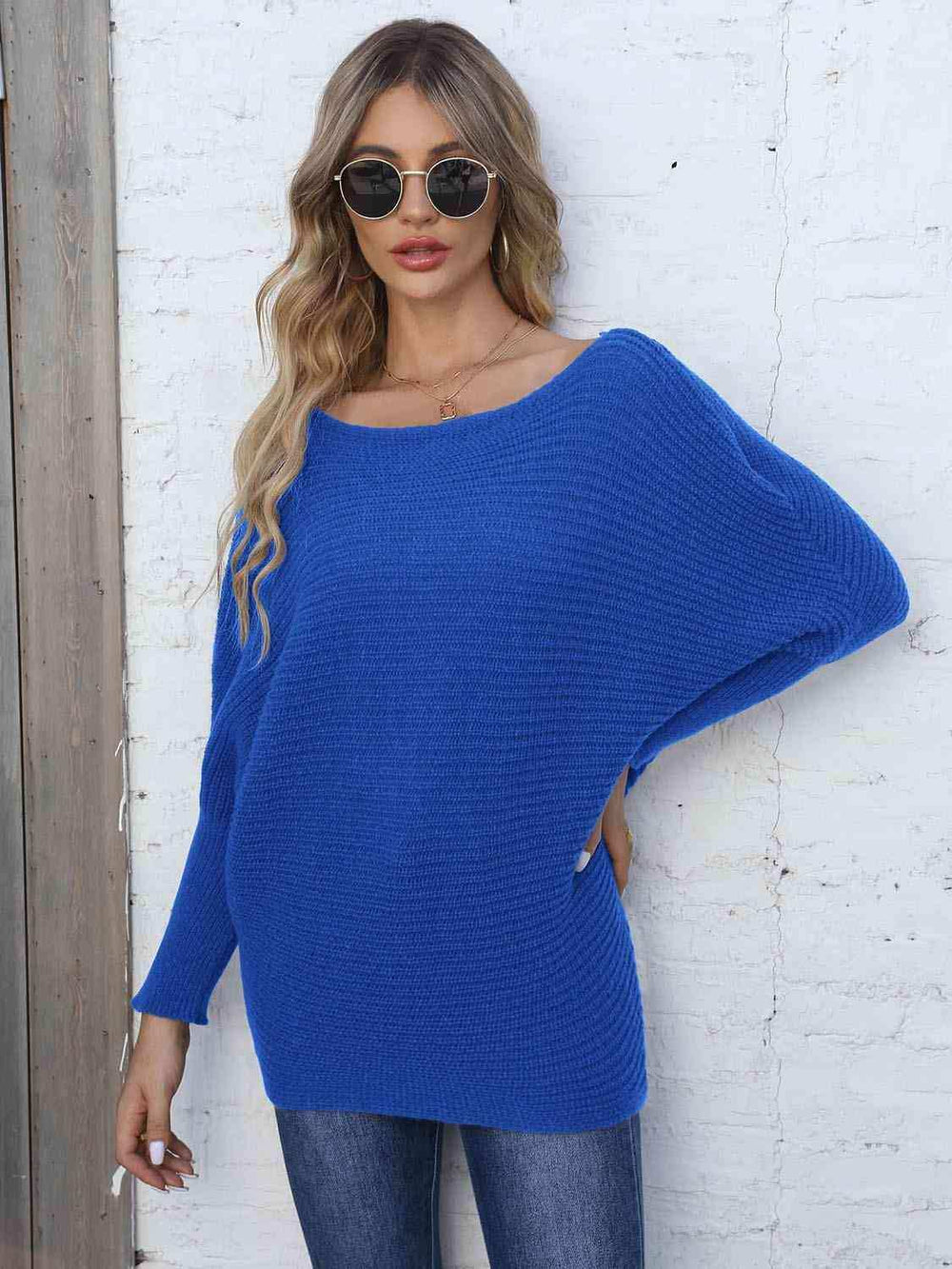 Full Size Horizontal Ribbing Dolman Sleeve Sweater - Trendsi - Flyclothing LLC
