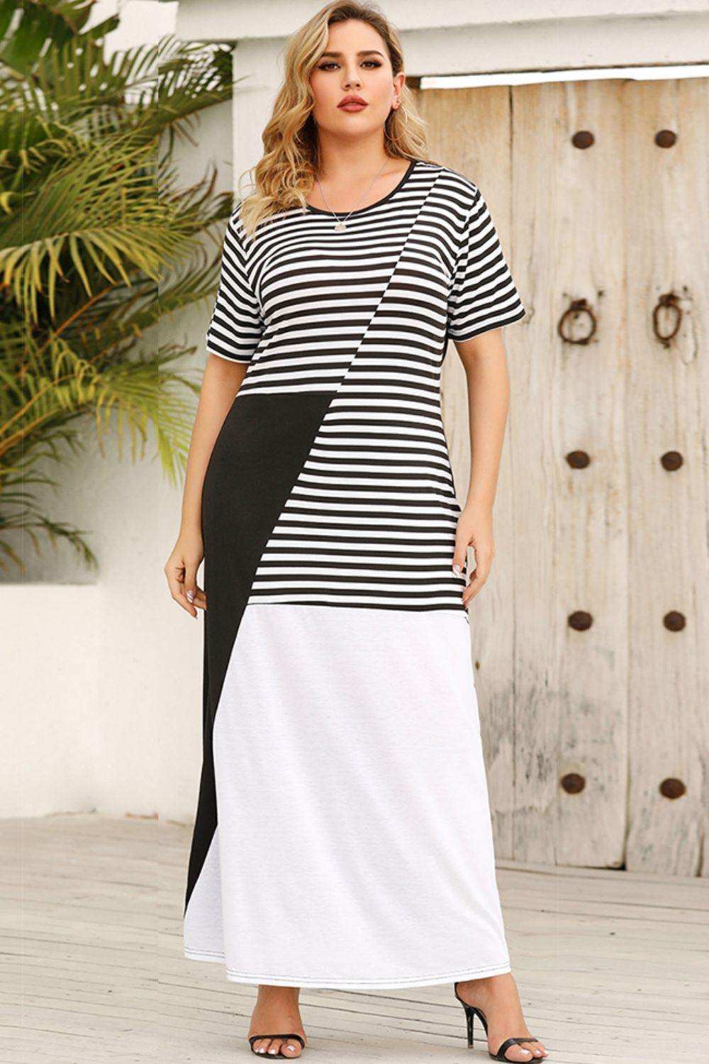 Plus Size Striped Color Block Round Neck Dress - Trendsi - Flyclothing LLC