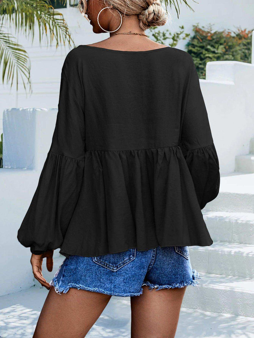 Puff Sleeve Babydoll Blouse - Trendsi - Flyclothing LLC