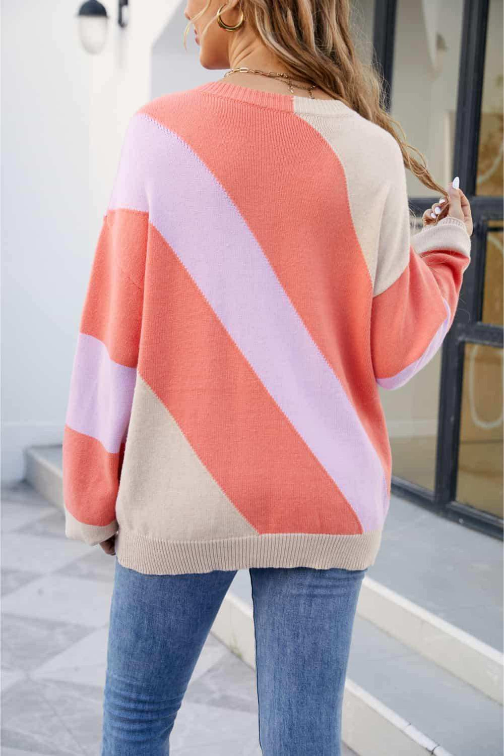 Color Block Ribbed Round Neck Sweater - Trendsi - Flyclothing LLC