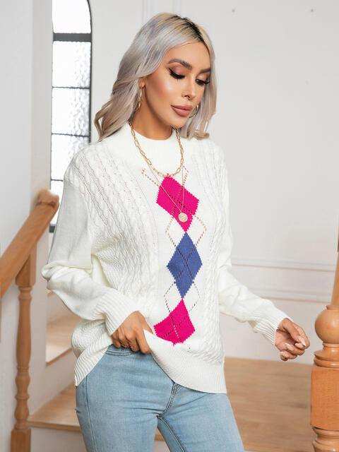 Openwork Geometric Mock Neck Sweater - Trendsi - Flyclothing LLC