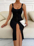Ribbed Slit Decorative Button Cami Dress - Trendsi - Flyclothing LLC