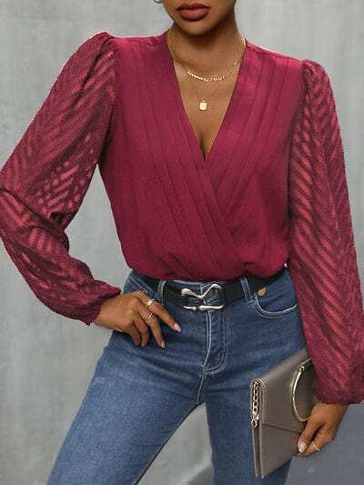 Ruched Surplice Long Sleeve Bodysuit - Trendsi - Flyclothing LLC