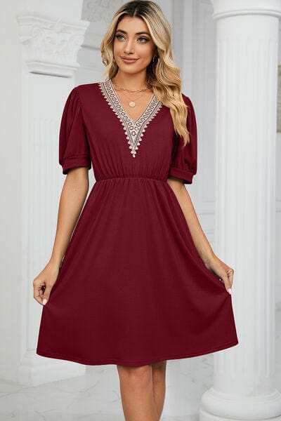 V-Neck Puff Sleeve Dress - Trendsi - Flyclothing LLC
