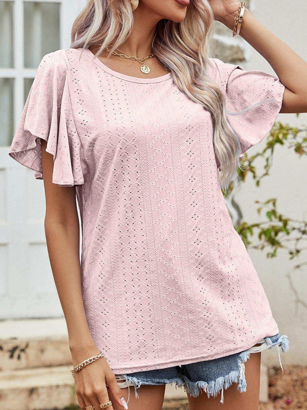 Round Neck Flutter Sleeve Blouse - Trendsi - Flyclothing LLC