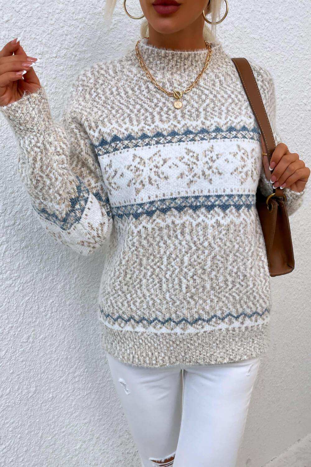 Snowflake Pattern Mock Neck Sweater - Trendsi - Flyclothing LLC