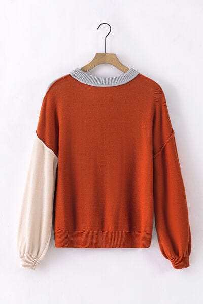 Contrast Round Neck Dropped Shoulder Sweater - Trendsi - Flyclothing LLC