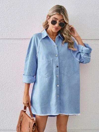 Raw Hem Button Up Denim Dress - Trendsi - Flyclothing LLC