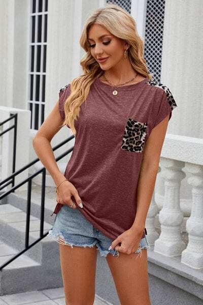 Leopard Round Neck Cap Sleeve T-Shirt - Trendsi - Flyclothing LLC