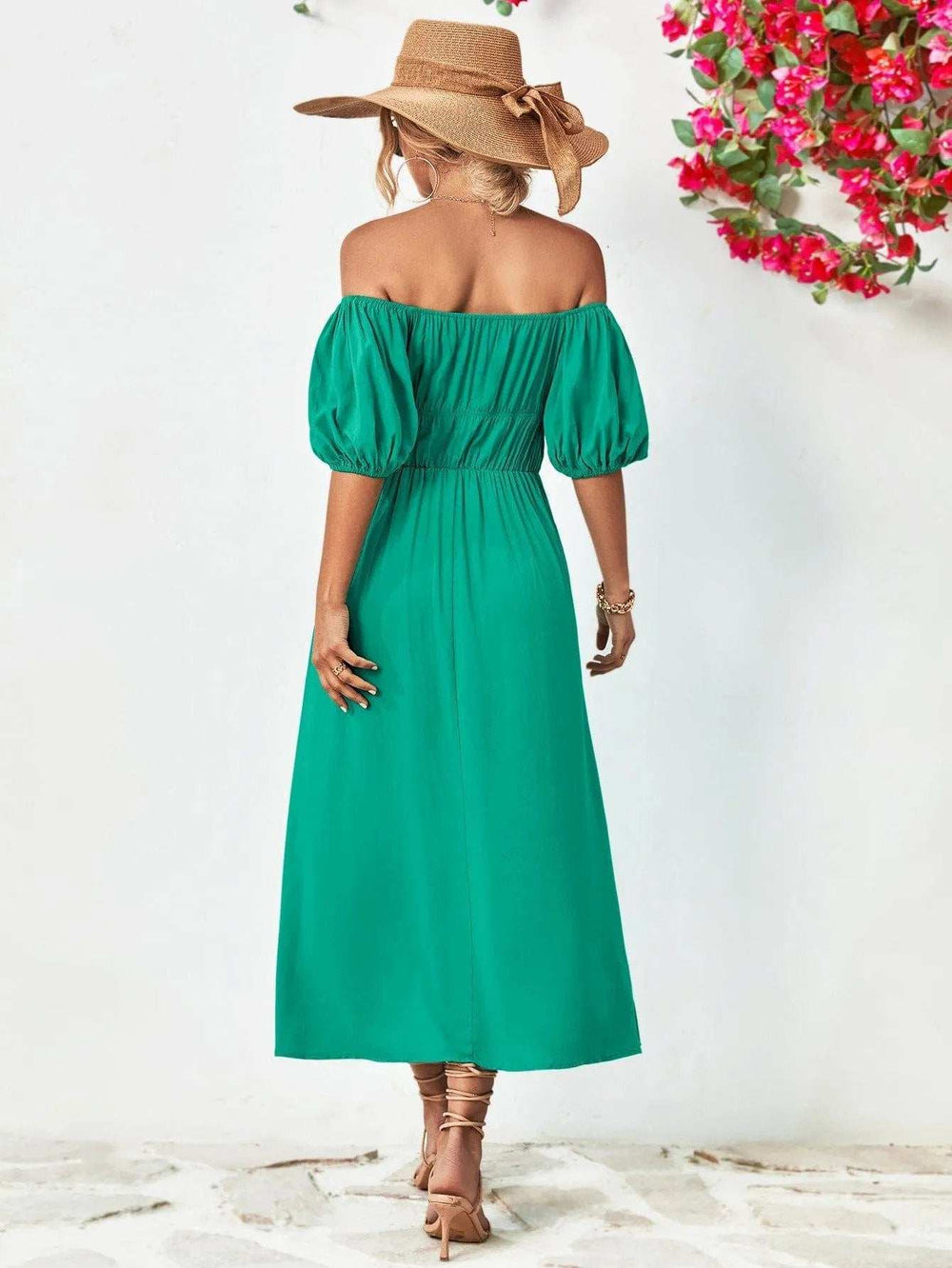 Off-Shoulder Balloon Sleeve Midi Dress - Trendsi - Flyclothing LLC